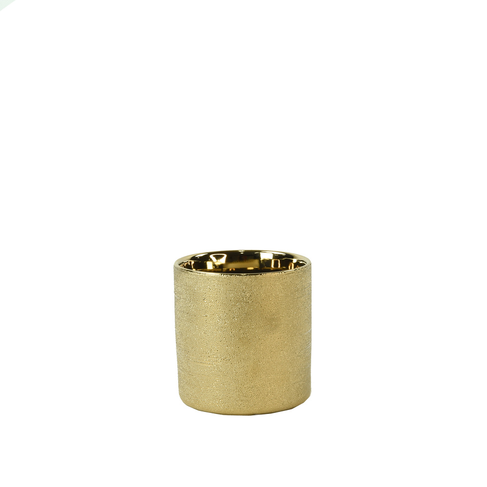 Gold Ceramic Vase – Round Cylinder Shape – S (Design K176-3). Size – 11cmØ x 10.5cmH.