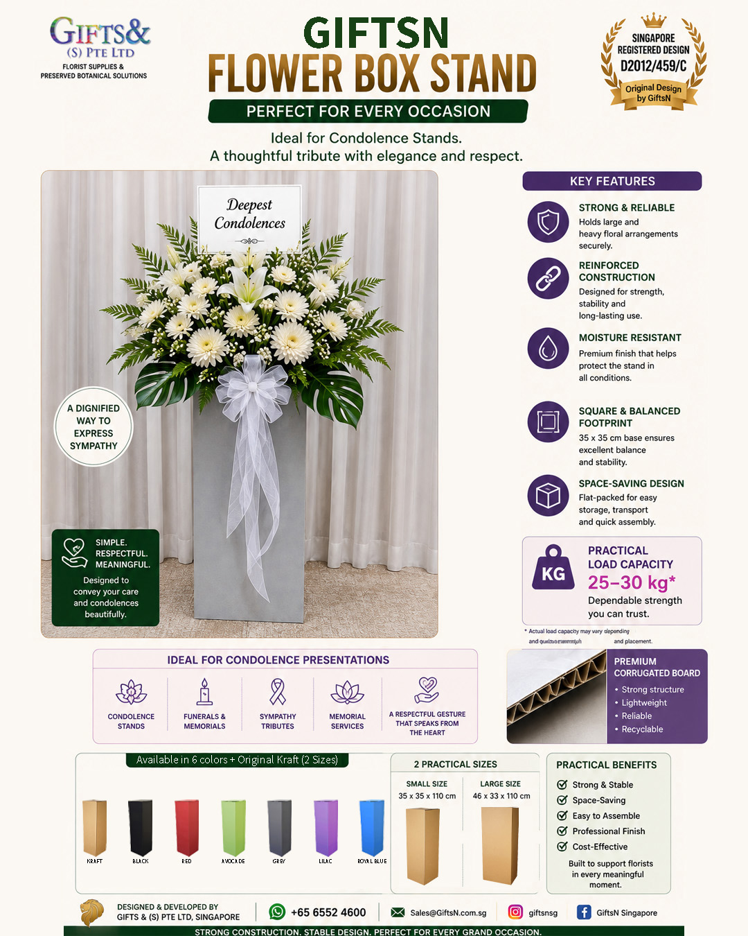 GiftsN Flower Box Stand colour range with six colours and Original Kraft